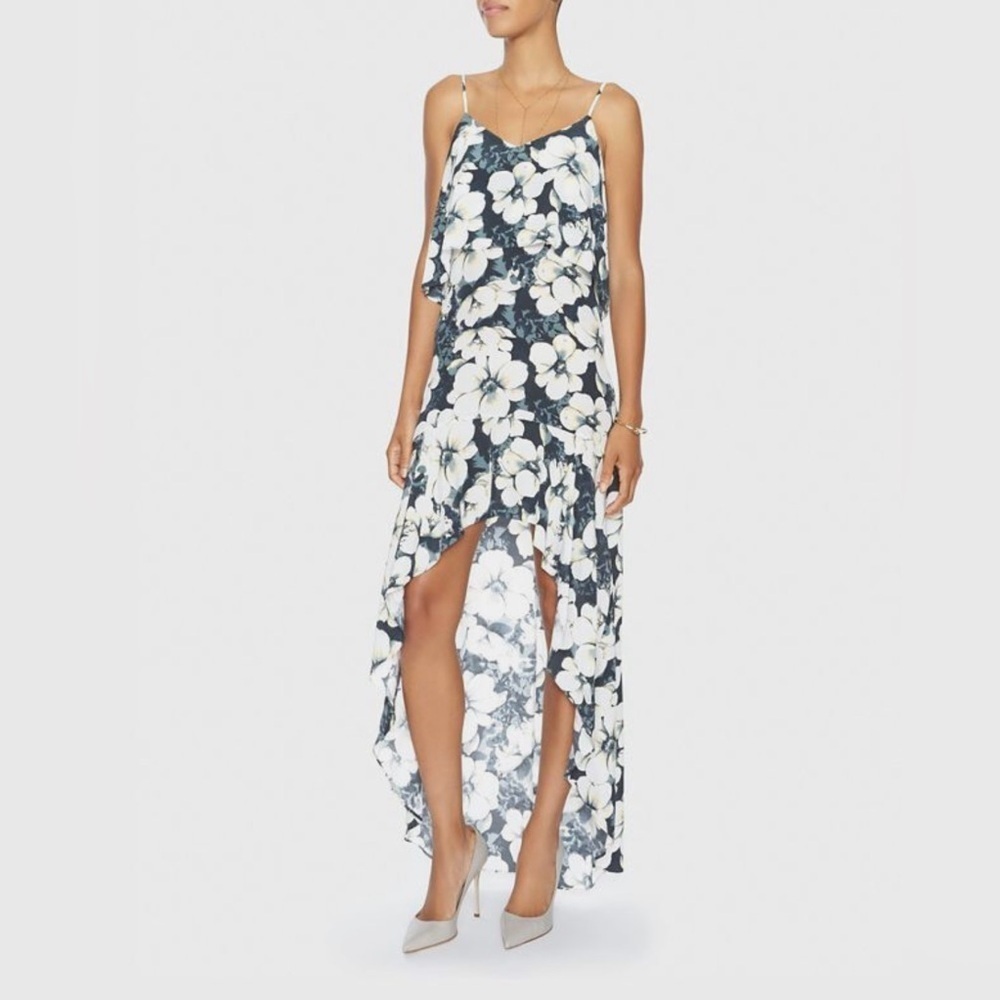 Intermix Floral Print Silk Maxi High-Low Spaghetti Strap Dress Size P S